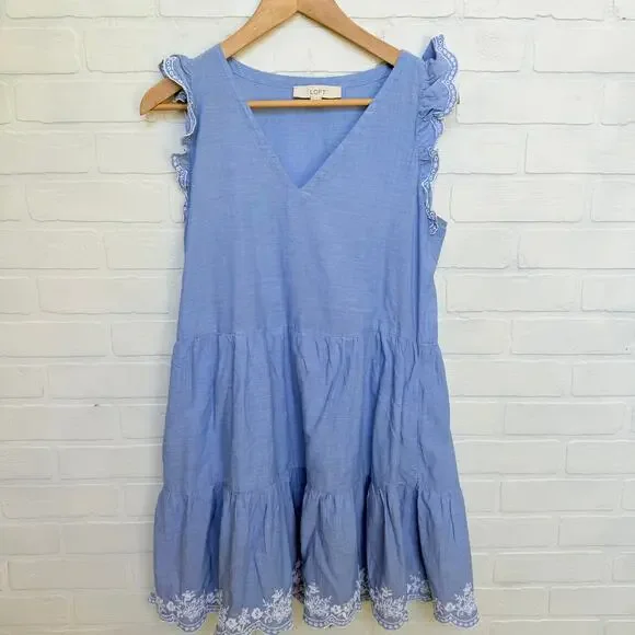 LOFT Women's Light Blue 100% Cotton Flutter Scalloped Sleeve Dress -sz S - Picture 1 of 5